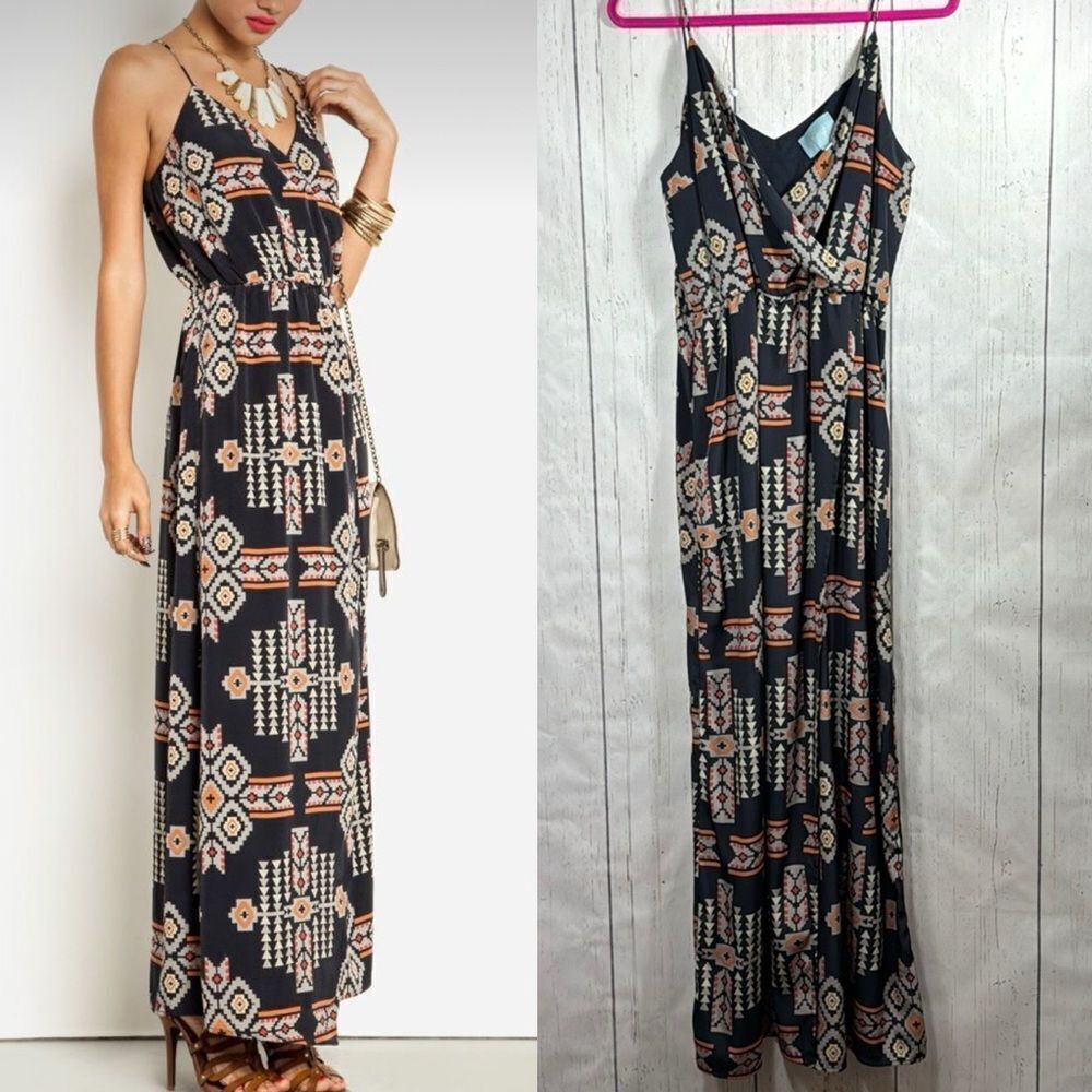 Skies Are Blue Tribal Boho Maxi Dress Southwestern Aztec Print M Festival Resort